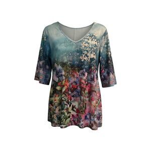 Floral V Neck Top 1XL Watercolor Garden Print 3/4 Sleeve Tunic Blouse
